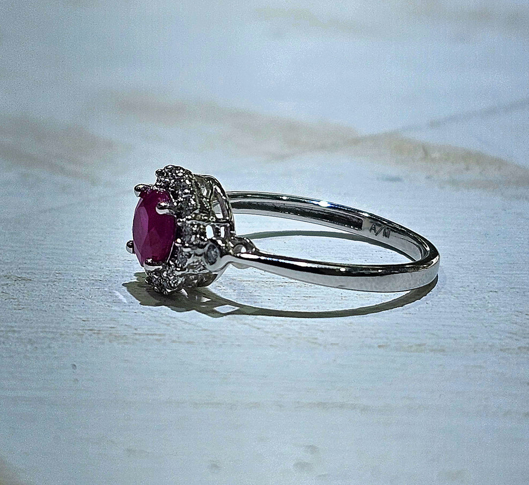 Natural Ruby Ring in 10K White Gold with Diamond Halo