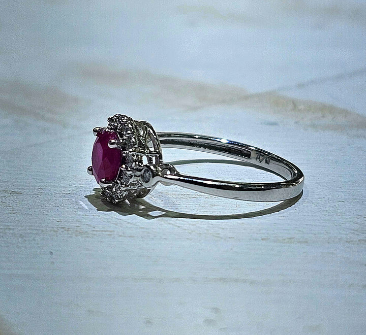 Natural Ruby Ring in 10K White Gold with Diamond Halo