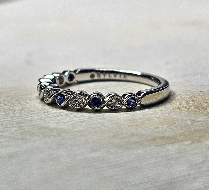 14K White Gold Blue Sapphire and Diamond Alternating Band