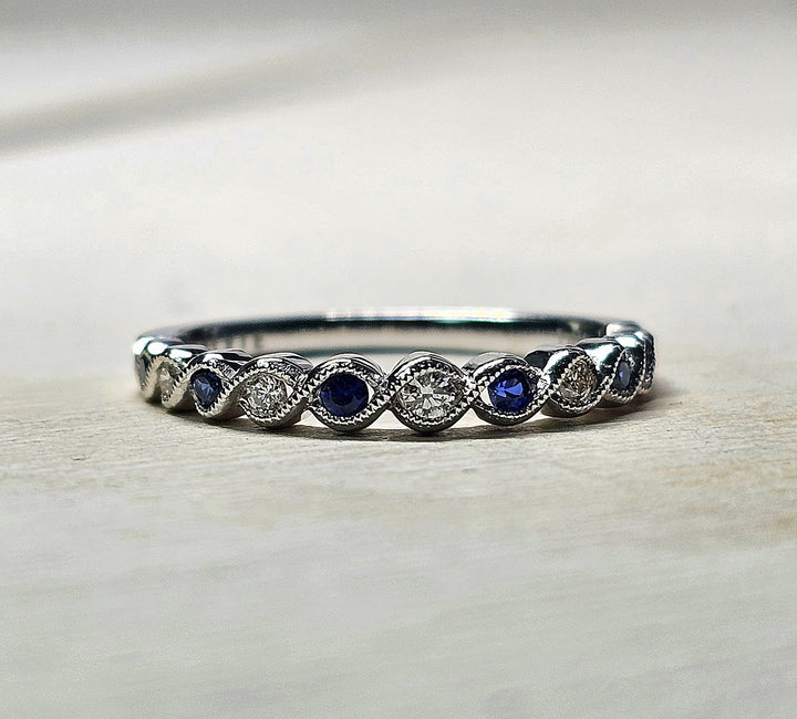 14K White Gold Blue Sapphire and Diamond Alternating Band