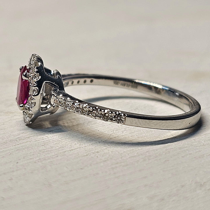 14k White Gold Ruby Ring with Diamond Halo and Band