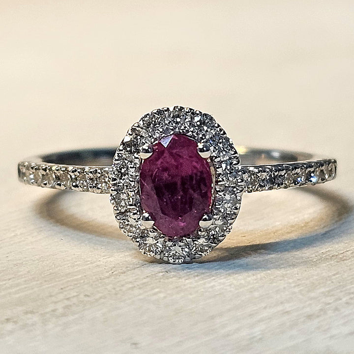 14k White Gold Ruby Ring with Diamond Halo and Band
