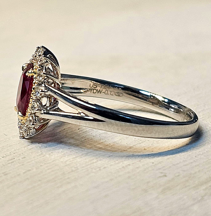 14k Two Tone Ruby Diamond Halo Ring