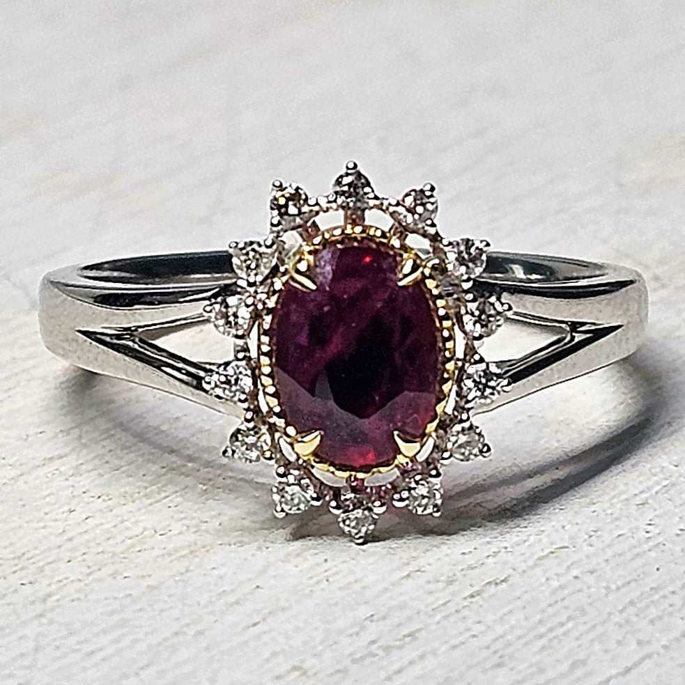 14k Two Tone Ruby Diamond Halo Ring