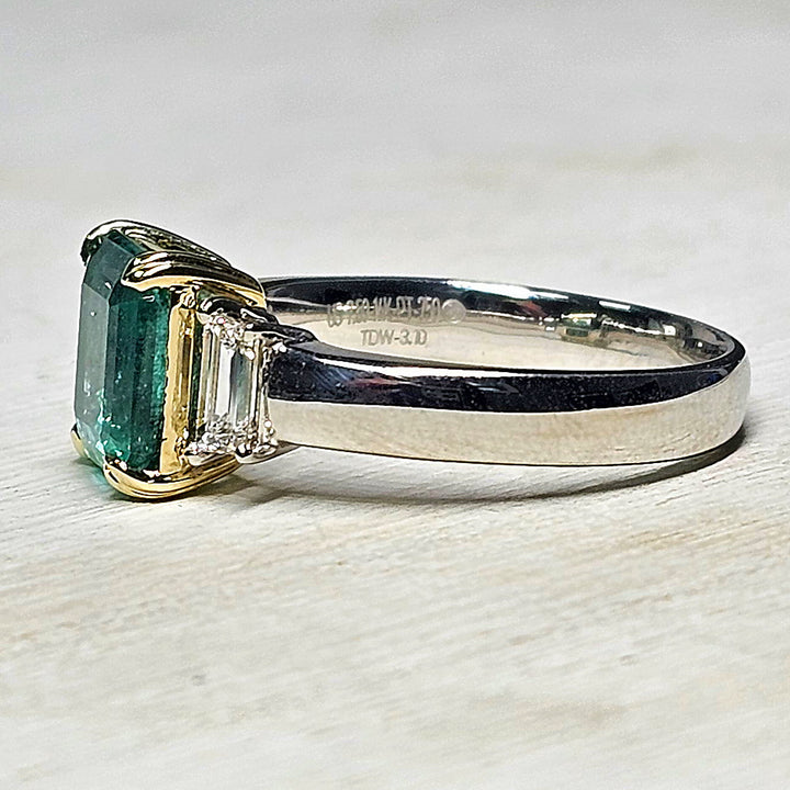 Platinum Emerald and Diamond Ring with Yellow Gold Accents