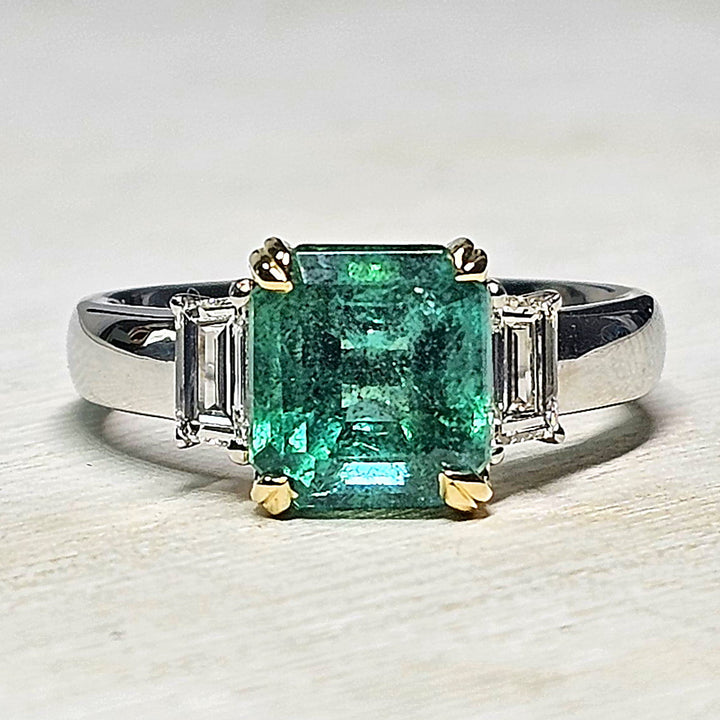 Platinum Emerald and Diamond Ring with Yellow Gold Accents