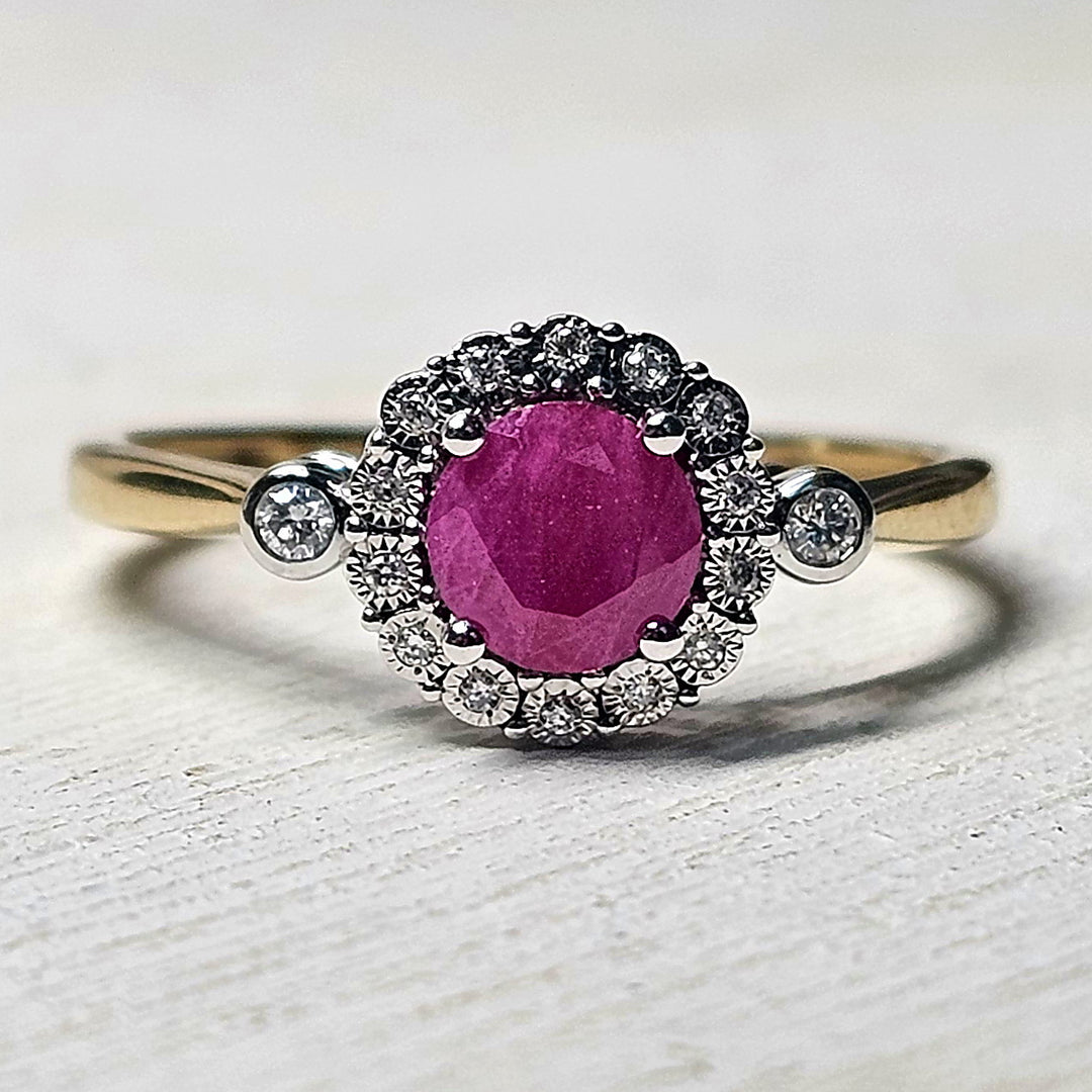 10k Two Tone Natural Ruby Ring with Diamond Halo .07ctw