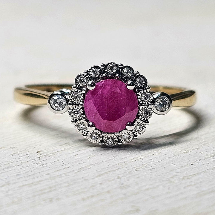 10k Two Tone Natural Ruby Ring with Diamond Halo .07ctw