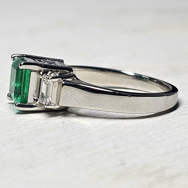 Zambian Emerald and Diamond Three Stone Ring in Platinum
