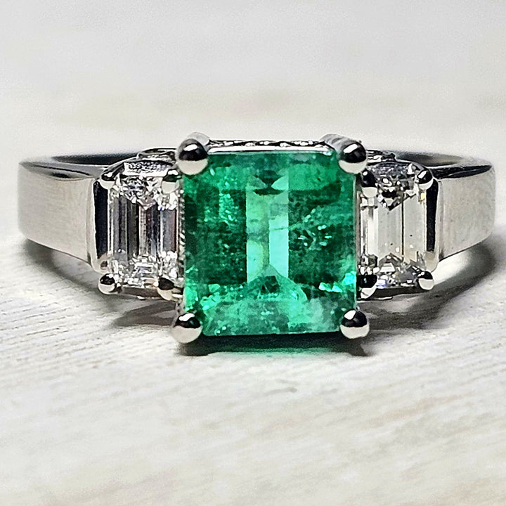Zambian Emerald and Diamond Three Stone Ring in Platinum