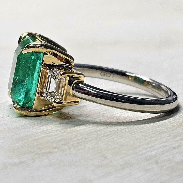 Columbian F1 5ct Emerald and Diamond Platinum Two Tone Ring
