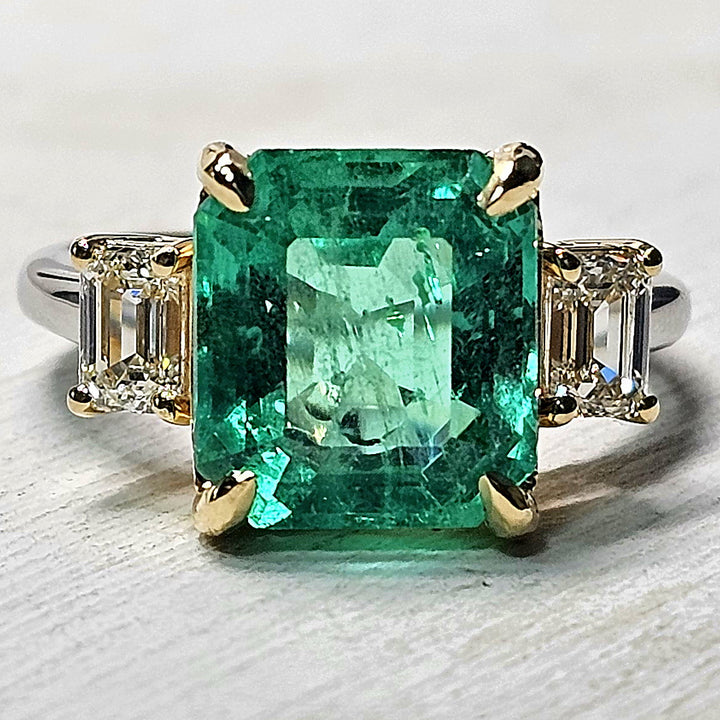 Columbian F1 5ct Emerald and Diamond Platinum Two Tone Ring