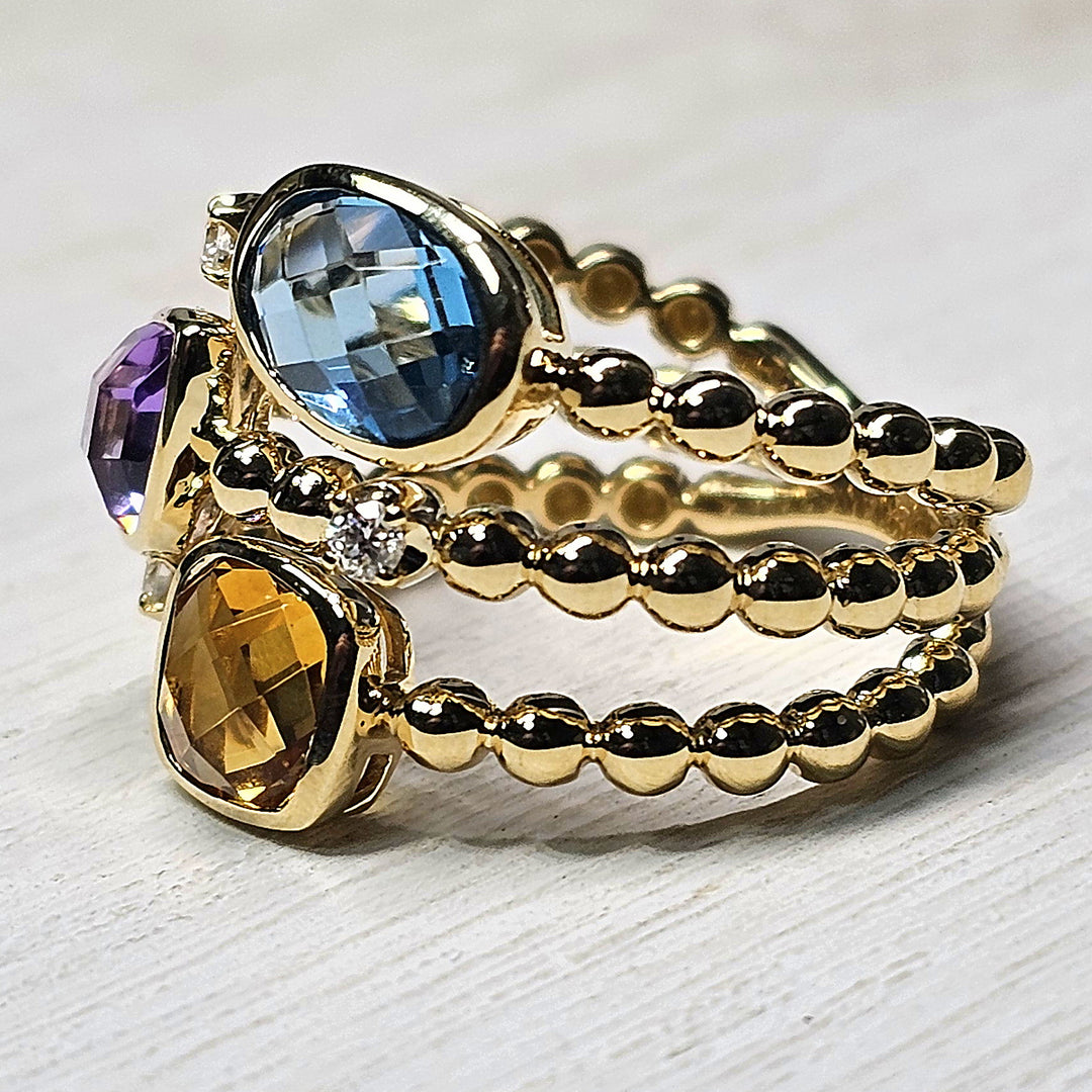 14k Yellow Gold Amethyst, Citrine, Blue Topaz and Diamond Triple Band Ring