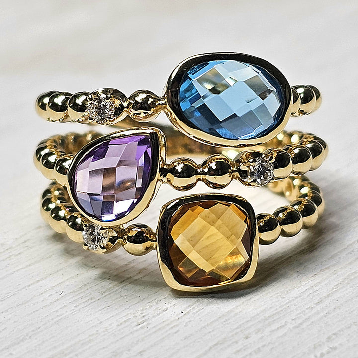 14k Yellow Gold Amethyst, Citrine, Blue Topaz and Diamond Triple Band Ring