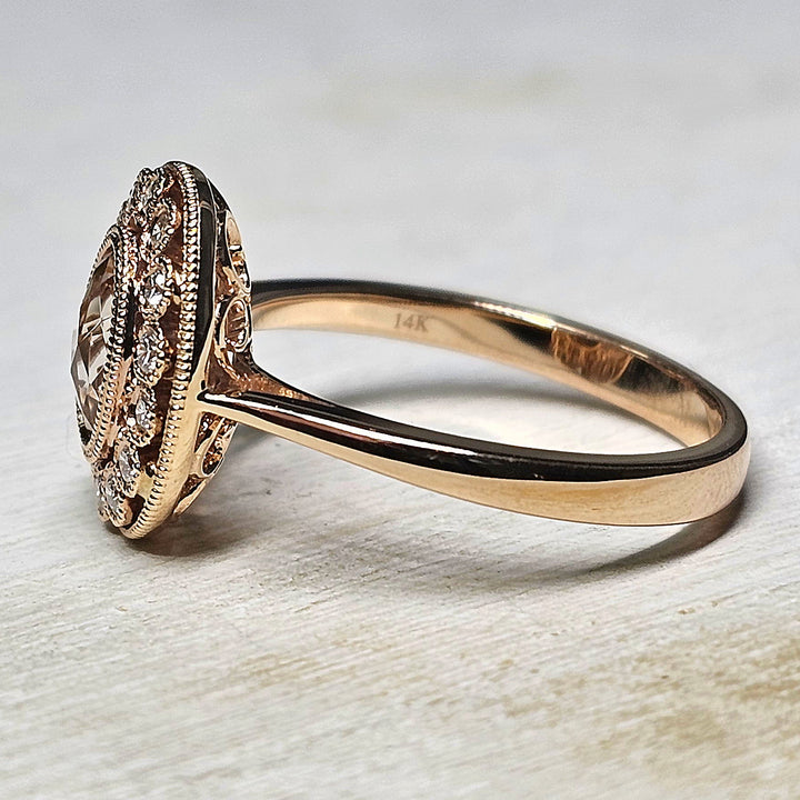 14k Rose Gold Vintage Halo Morganite and Diamond Ring .78 TGW