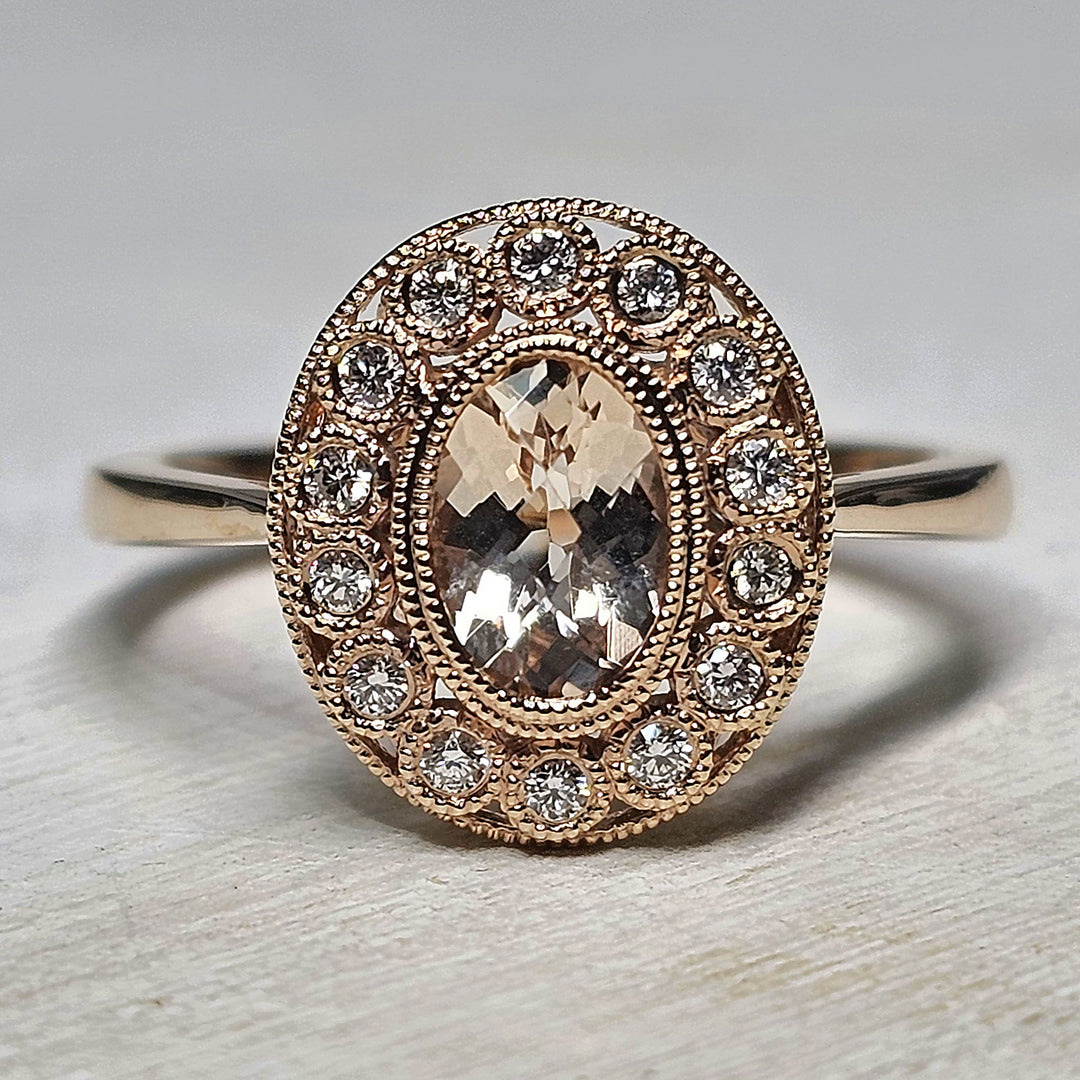 14k Rose Gold Vintage Halo Morganite and Diamond Ring .78 TGW