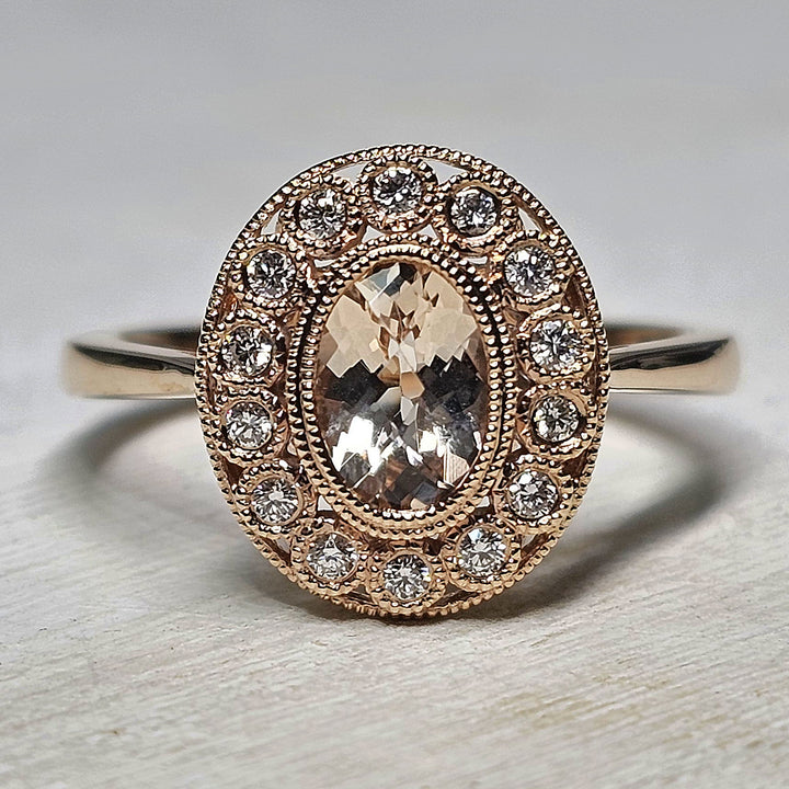 14k Rose Gold Vintage Halo Morganite and Diamond Ring .78 TGW