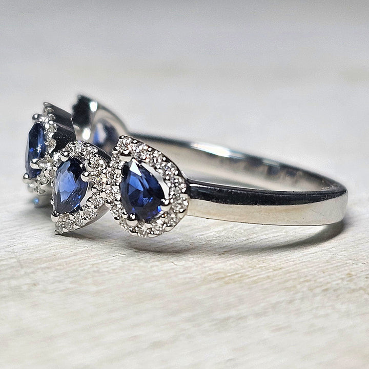 14k White Gold Pear Shape Sapphire and Diamond Halo Band 1.19TGW
