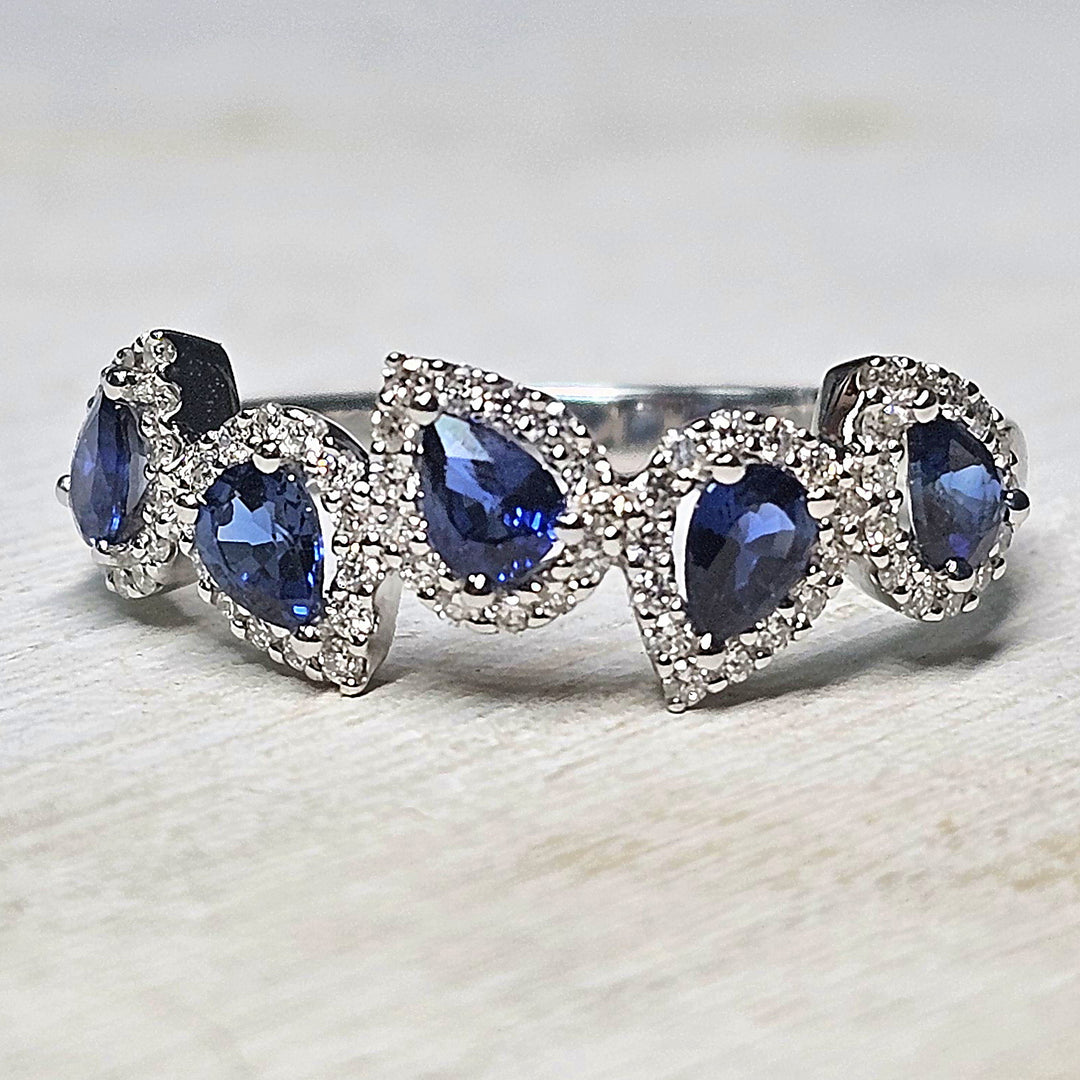 14k White Gold Pear Shape Sapphire and Diamond Halo Band 1.19TGW