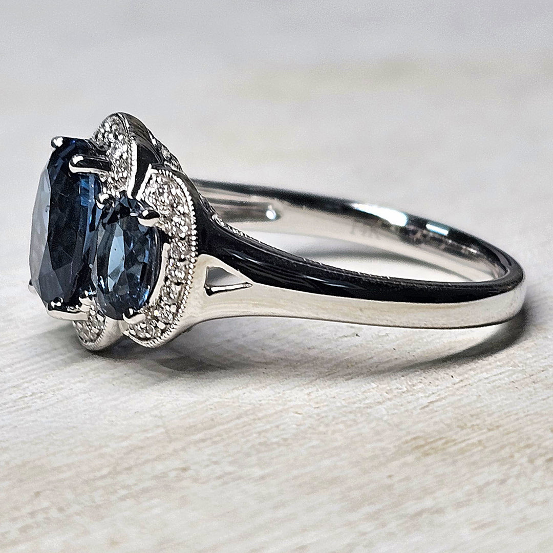14k White Gold Oval Blue Topaz Three Stone Ring 4.33TGW