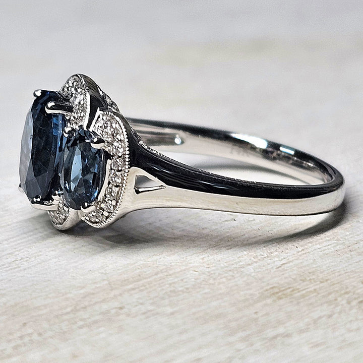 14k White Gold Oval Blue Topaz Three Stone Ring 4.33TGW