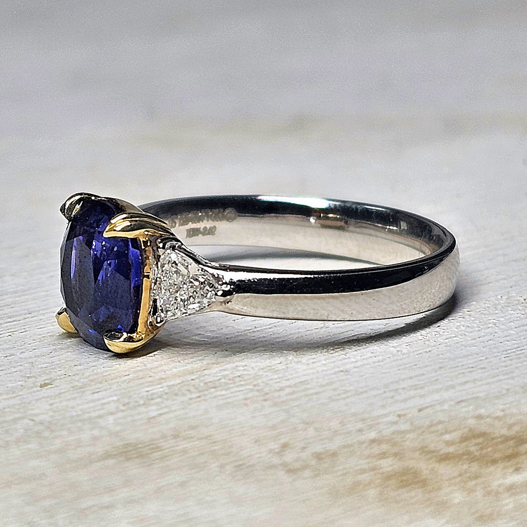 Platinum Two Tone Oval Ceylon Sapphire with Trillion Diamonds Ring