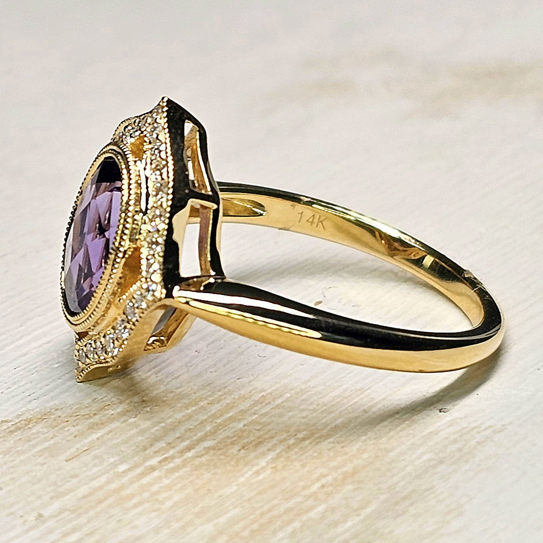 14k Yellow Gold Vintage Style Amethyst and Diamond Halo Ring 1.70 TGW