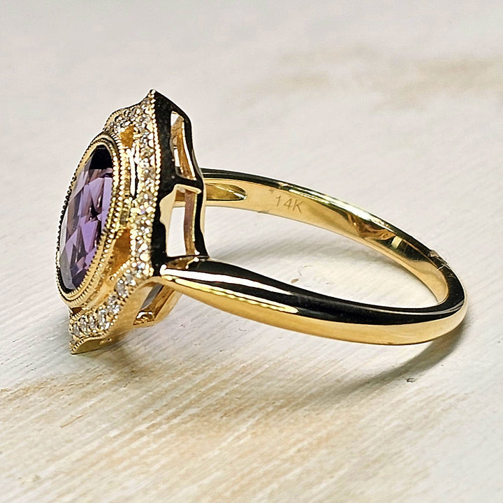 14k Yellow Gold Vintage Style Amethyst and Diamond Halo Ring 1.70 TGW