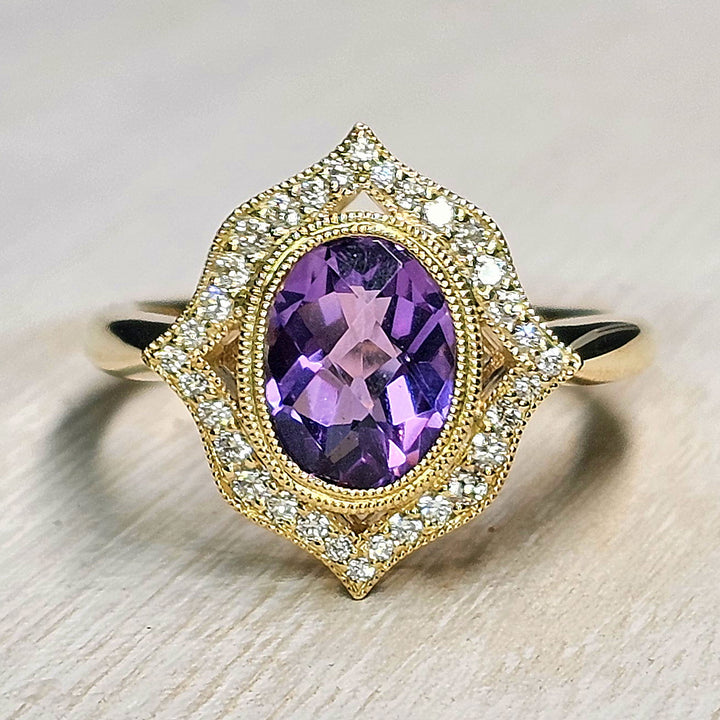 14k Yellow Gold Vintage Style Amethyst and Diamond Halo Ring 1.70 TGW