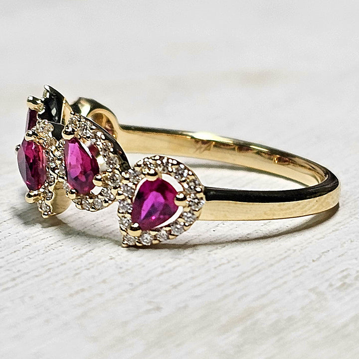 14k Yellow Gold Pear Ruby and Diamond Halo Ring 1.14 TGW