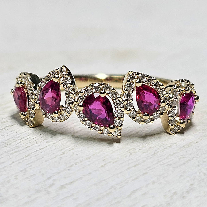14k Yellow Gold Pear Ruby and Diamond Halo Ring 1.14 TGW