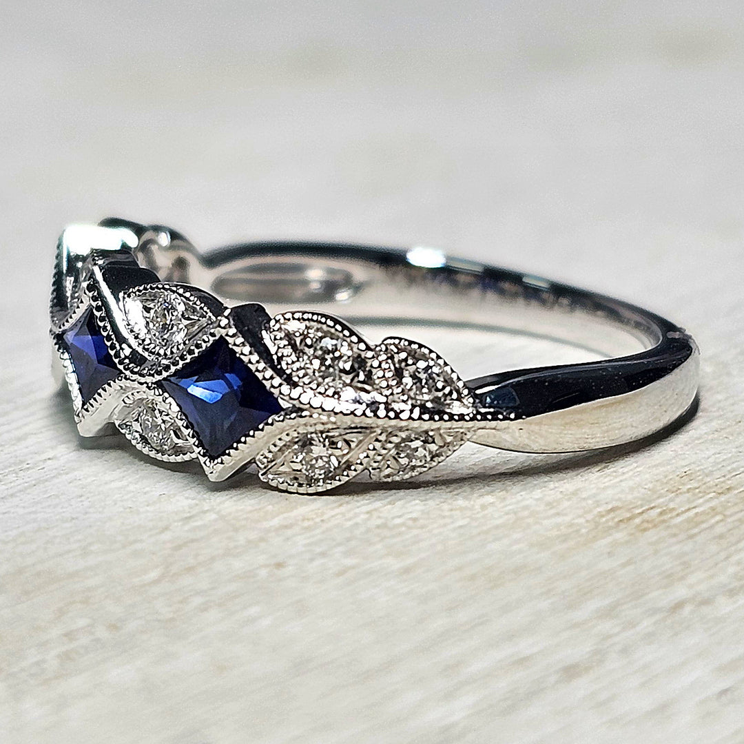 14k White Gold Vintage Inspired Sapphire and Diamond Band .70 TGW