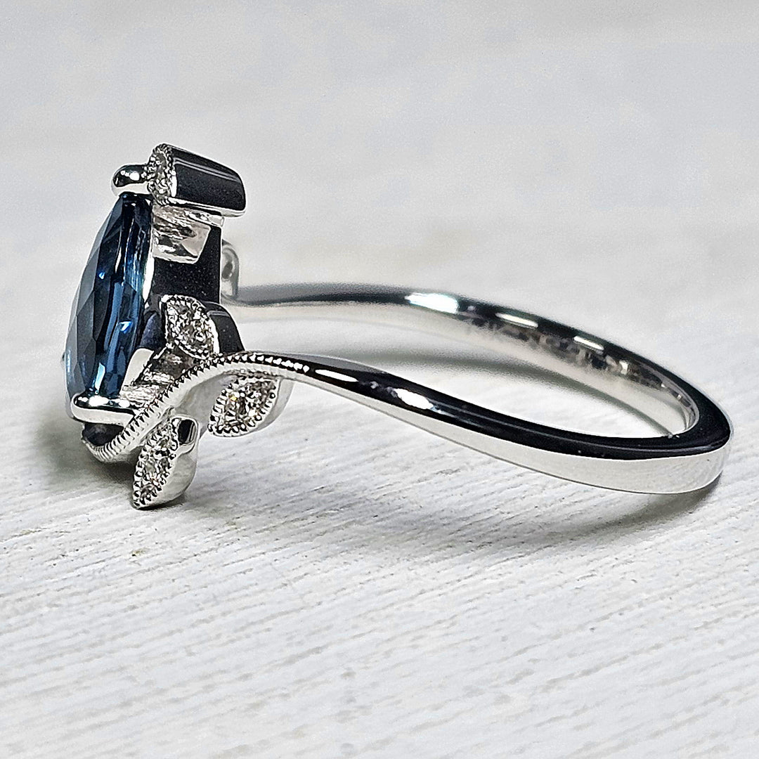 14k White Gold London Blue Topaz and Diamond Floral Ring 1.26 TGW