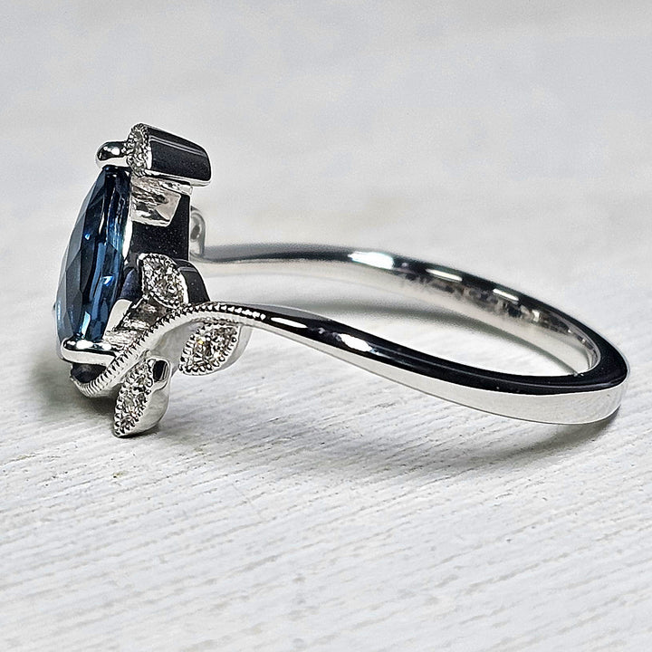 14k White Gold London Blue Topaz and Diamond Floral Ring 1.26 TGW