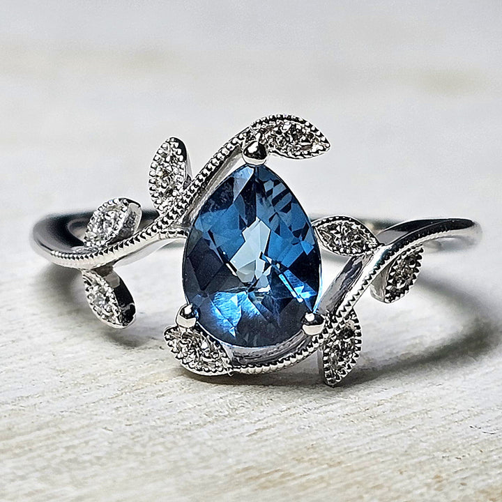14k White Gold London Blue Topaz and Diamond Floral Ring 1.26 TGW