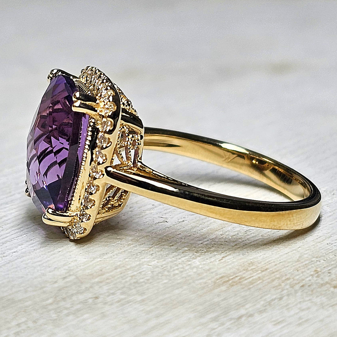 14k Yellow Gold Cushion Amethyst Diamond Halo Ring 4.80 TGW