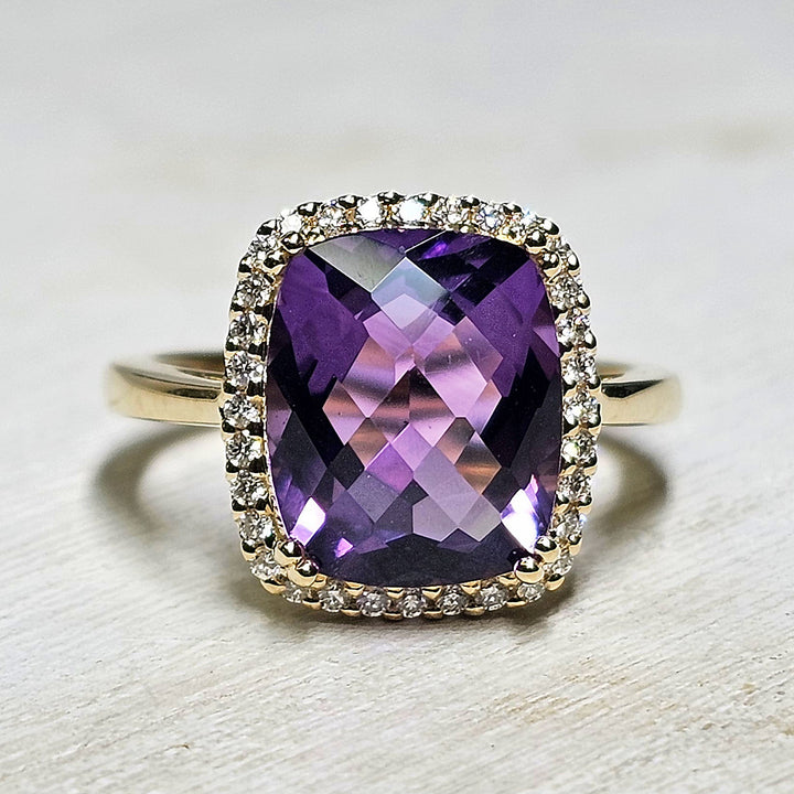 14k Yellow Gold Cushion Amethyst Diamond Halo Ring 4.80 TGW