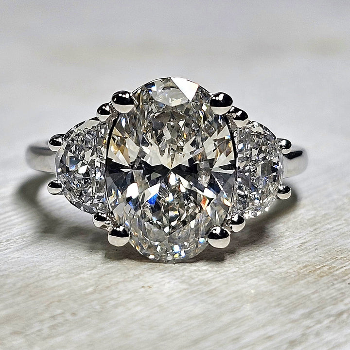 14k White Gold Three Stone Oval Lab Grown Diamond Engagment Ring 4.02ctw