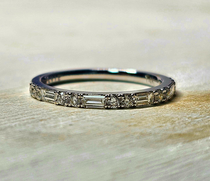 14k White Gold Round and Baguette Cut Diamond Band .51cttw