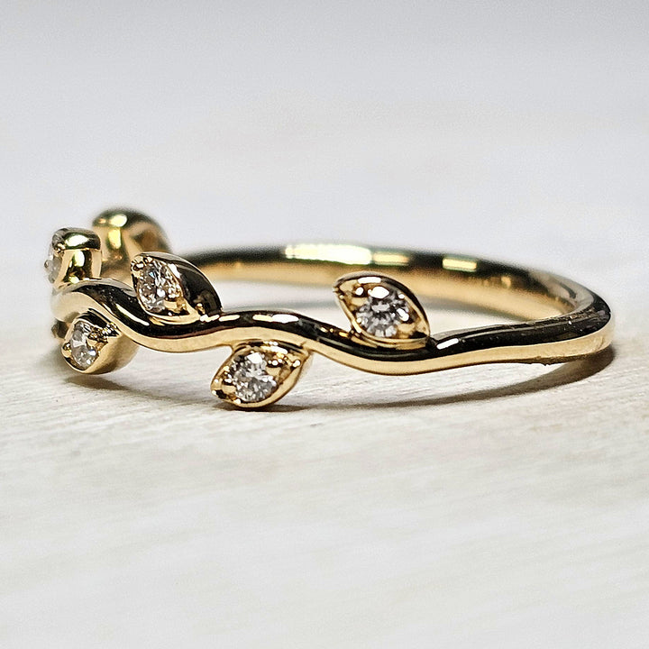 Floral Design Stackable Band in 14k Yellow Gold with .14cts of Natural Round Diamonds