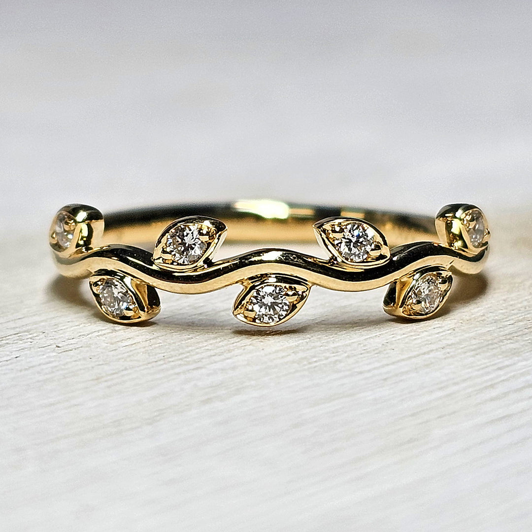 Floral Design Stackable Band in 14k Yellow Gold with .14cts of Natural Round Diamonds
