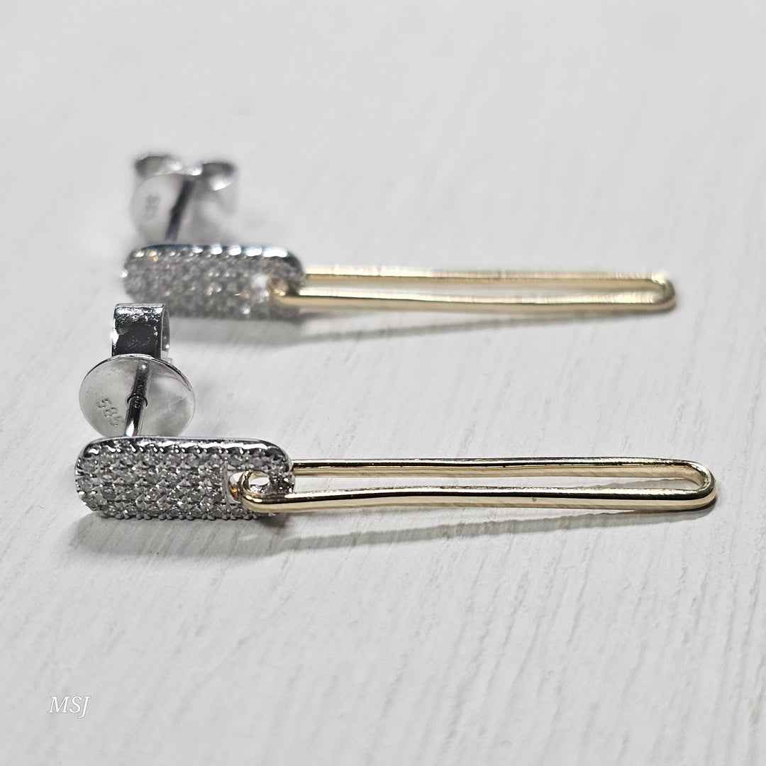 14k Two Tone .15ctw Dangle Paperclip Earrings
