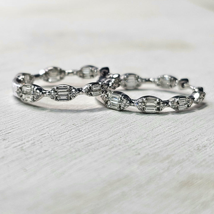14k White Gold Baguette and Round Diamond Inside Out Hoop Earrings 1.43ctw