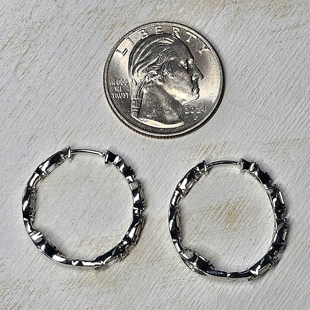 14k White Gold Baguette and Round Diamond Inside Out Hoop Earrings 1.43ctw