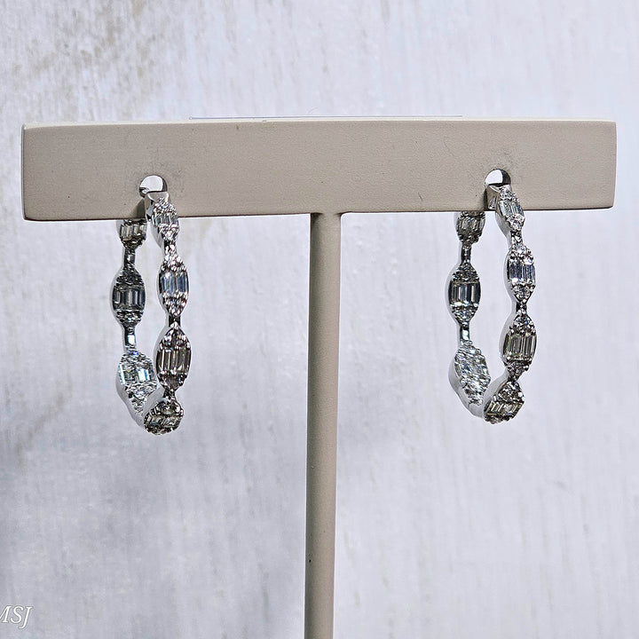 14k White Gold Baguette and Round Diamond Inside Out Hoop Earrings 1.43ctw