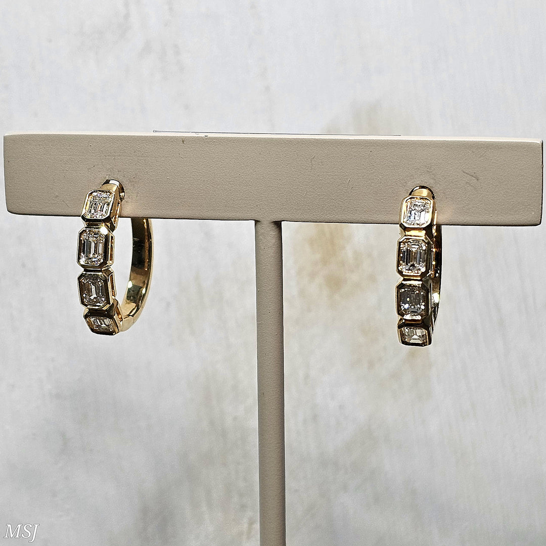 14k Yellow Gold Bezel Set Emerald Cut Diamond Hoop Earrings 1.10ctw