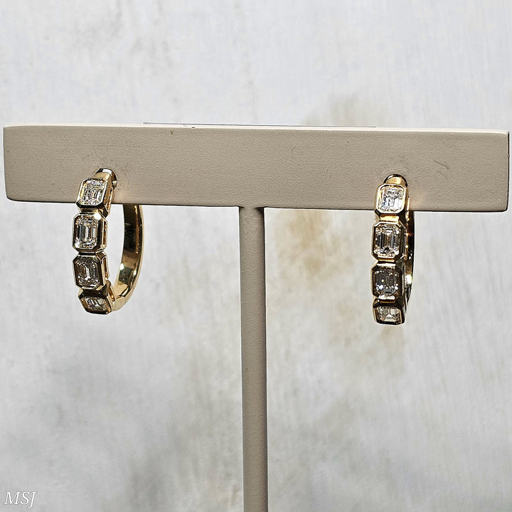 14k Yellow Gold Bezel Set Emerald Cut Diamond Hoop Earrings 1.10ctw