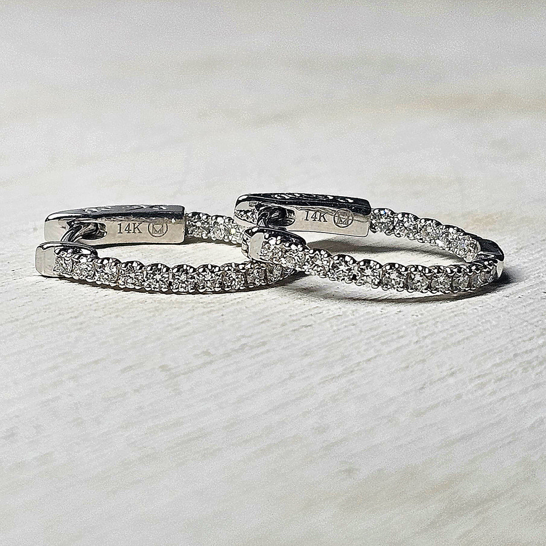 14k White Gold Oval Inside Out Small Diamond Hoop Earrings .48ctw
