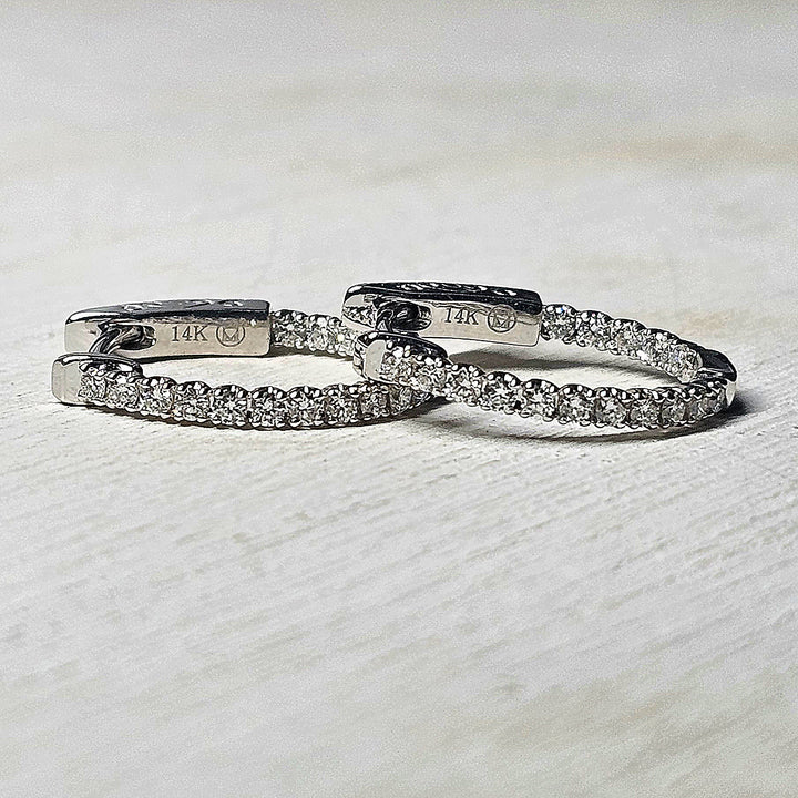 14k White Gold Oval Inside Out Small Diamond Hoop Earrings .48ctw