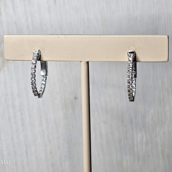 14k White Gold Oval Inside Out Small Diamond Hoop Earrings .48ctw